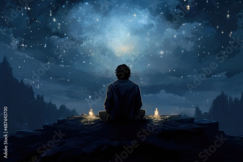 Man meditating on cliff under starry night sky in surreal forest, moon casts bright light over the person and the trees. The image evokes sense of peace, calm, and spirituality 