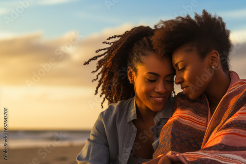 Homosexual female couple embracing on tropical beach at sunset. Lesbian married african american girls at honeymoon in vacation or travelling near the ocean. LGBT concept, love moments
 photo