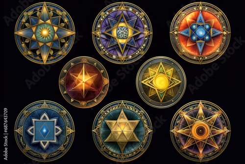 Nine colorful medallions that resemble compasses, arranged in square grid on black background. The medallions are circular with gold border and have geometric shapes, vintage and mystical vibe