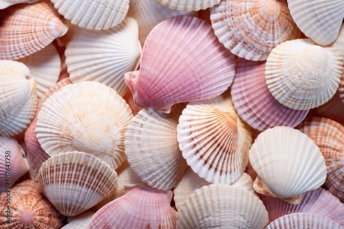 Seashells macro background. Sshells have different shapes, colors and textures, creating stunning pattern. Mermaidcore aesthetic, marine life, fantasy