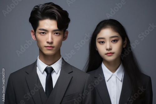 portrait of a business couple. Asian men and woman in suits