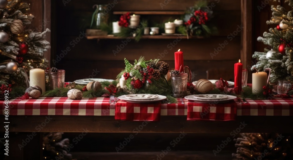 table setting. christmas tree with gifts and decorations