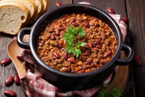   bean stew with ground beef, close-up in a bowl.