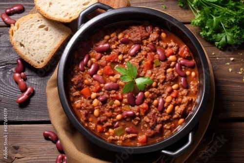  bean stew with ground beef, close-up in a bowl.