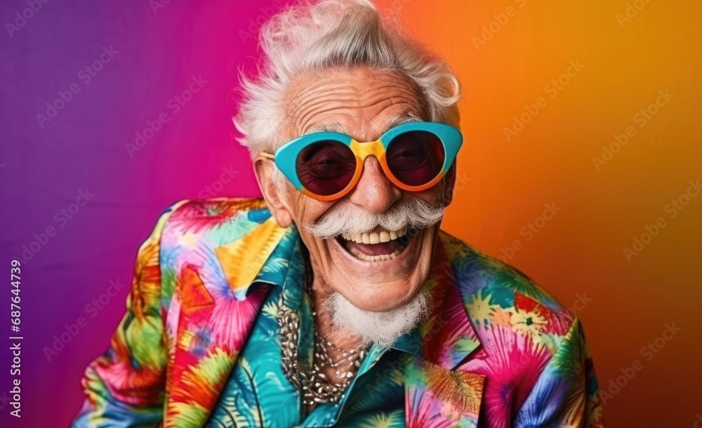 Happy grandfather in sunglasses, colorful psychedelic portrait	
