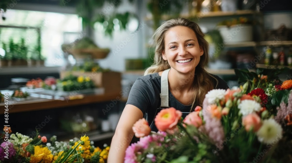 Female florist holding a bouquet of handmade floral craft