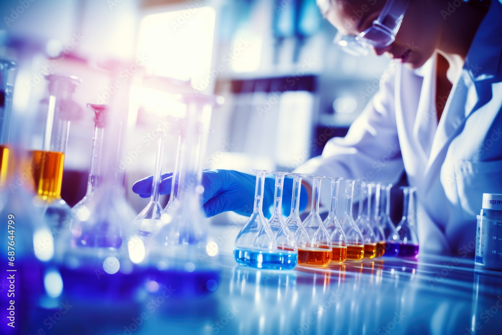 Scientist conducting research in chemistry lab. Female research scientist uses micropipette filling test tubes in big modern laboratory. Scientist conducting research in chemistry lab. Female research scientist uses micropipette filling test tubes in big modern laboratory.