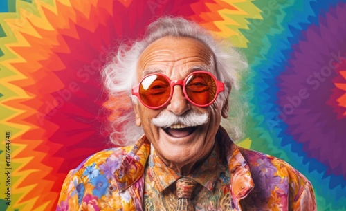 Happy grandfather in sunglasses, colorful psychedelic portrait