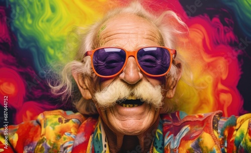 Happy grandfather in sunglasses, colorful psychedelic portrait