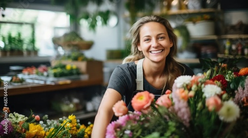 Female florist holding a bouquet of handmade floral craft
