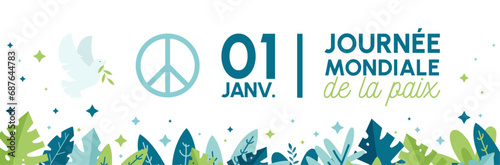 Journée mondiale de la paix - Bannière - Illustration vectorielle - Colombe - Symbole de la paix en soutien aux populations - Éléments végétaux décoratifs doux - Éléments graphiques sur la paix  