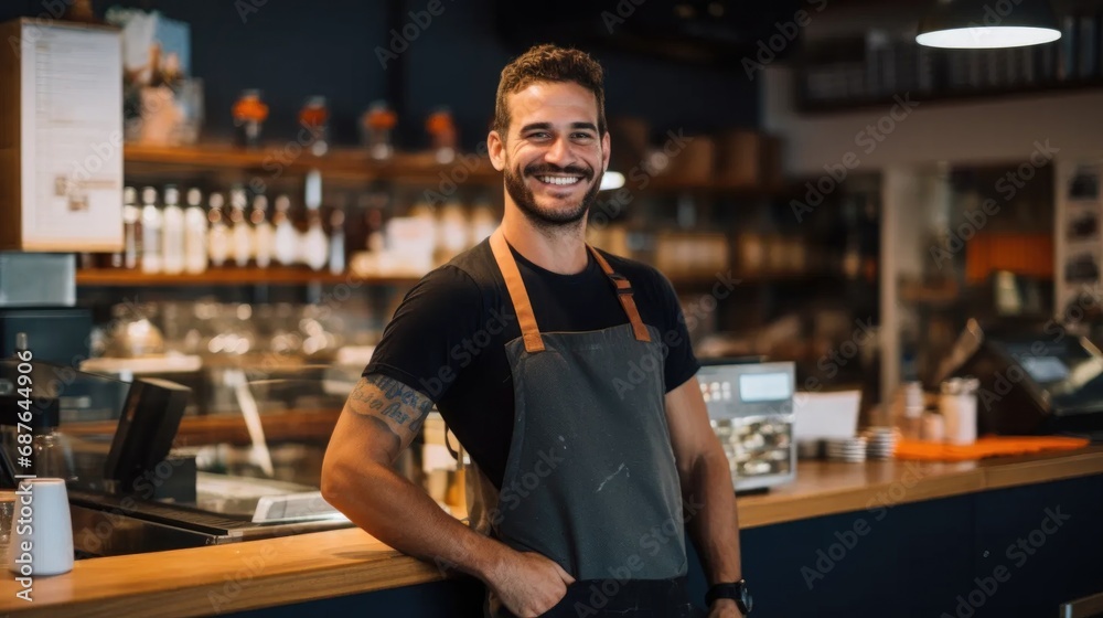 a smiling employee in a coffee shop a smiling employee in a coffee shop