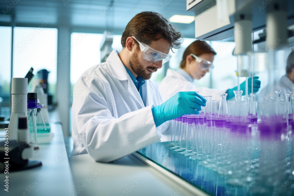 Scientists conducting research in chemistry lab.
Research scientists use micropipette filling test tubes in big modern laboratory. Scientists conducting research in chemistry lab.
Research scientists use micropipette filling test tubes in big modern laboratory.