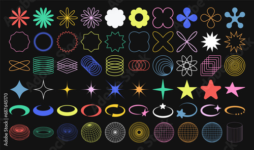 Brutalism colorful Y2K shapes. Trend minimal abstract geometric elements, in the Bauhaus style. Vector set