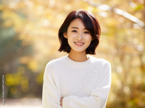Japanese woman smiling in a white sweater in autumn park