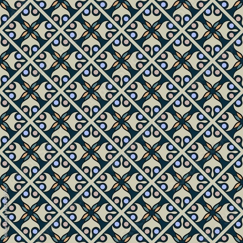 monochrome grey abstract ornament. diagonal seamless pattern. decorative squares. blue stripes. tile. cover. wallpaper.