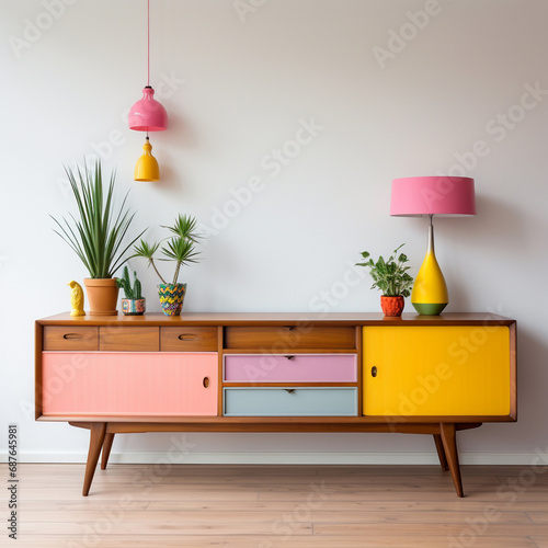 70s Vintage Retro, Brown wood Scandinavian sideboard, colorful deep pink, yellow, lamp shade, white wall, empty wall, colorful armchair, white wall, decorations, commode, mockup