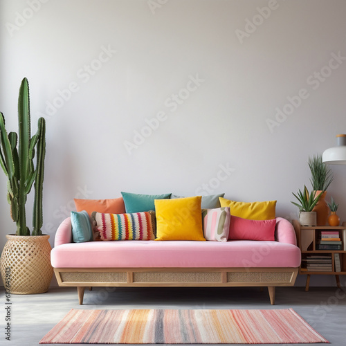 70s Vintage Retro Scandinavian sofa couch, colorful, pink, yellow pillows, plant, white wall, empty wall, modern rug, white wall, decorations, cactus in basket, mockup