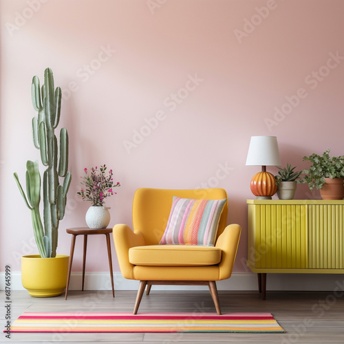 Retro Scandinavian sideboard, colorful, yellow armchair, modern pillow, plant, cactus, table lamp, light pink accent wall, empty wall, modern rug, photo frame mockup, decorations, commode, mockup