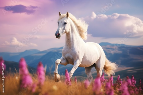 beautiful light colored horses galloping across open space, the concept of freedom, strength, power, beautiful sunset