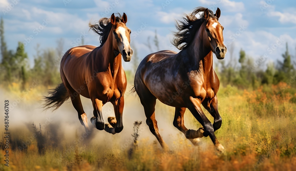 beautiful dark horses galloping across an open space, the concept of freedom, strength, power.