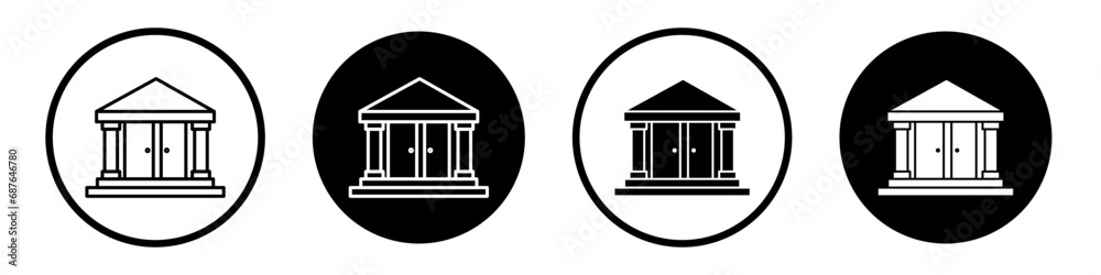financial institute icon set. government building vector symbol. public school campus sign. court justice icon in black filled and outlined style.