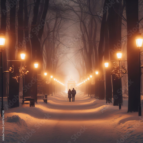 couple, men and women walking along a snowy park alley in the light of lanterns, winter