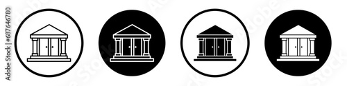 financial institute icon set. government building vector symbol. public school campus sign. court justice icon in black filled and outlined style.