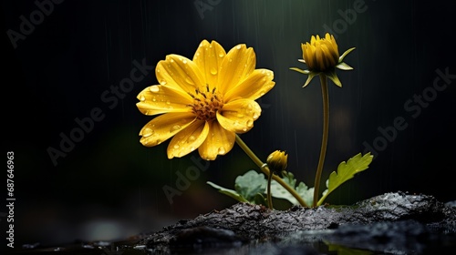 A captivating fine art photograph focusing on the delicate beauty of a single yellow flower. photo