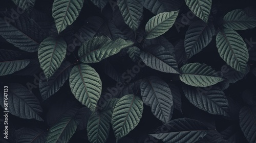 A collection of tree leaves textures arranged for an abstract background, featuring dark tones, an artistic design, and a vintage, retro style achieved through filter coloring