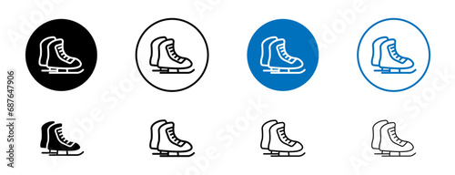 Ice skating line icon set. Winter skater shoes symbol in black and blue color.
