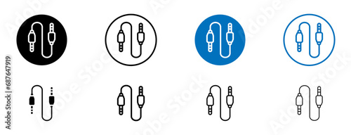 Audio Cable line icon set. Microphone jack cord symbol. Guitar aux plug sign. Music headphone wire sign in black and blue color. photo