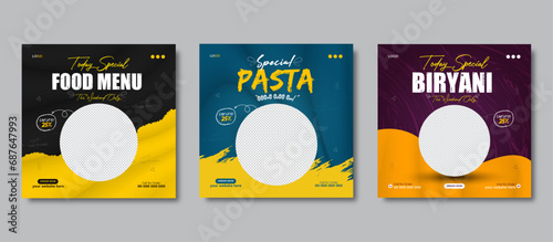 Food menu banner social media post. Healthy food restaurant social media posts template. Fast food restaurant business marketing social media post or web banner template design.