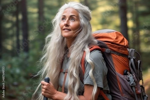 A woman with long gray hair and a backpack