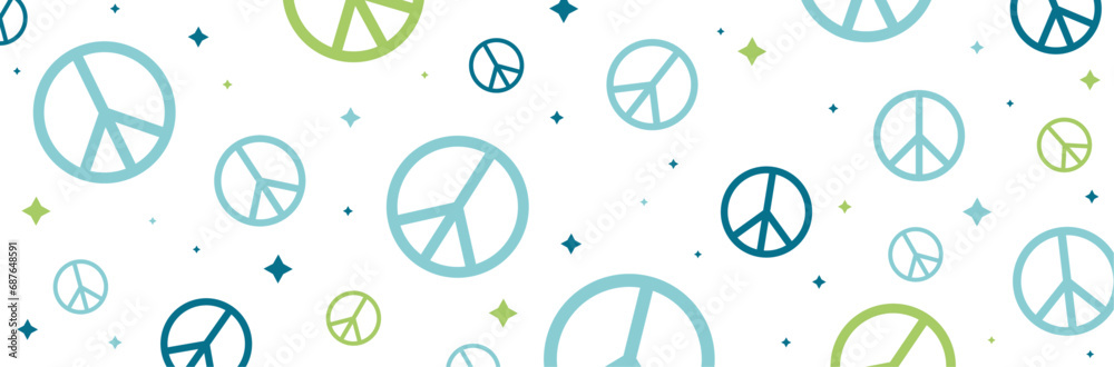 Bannière - Symboles de la paix universelle - communion - Amour - Emblèmes bleues et vertes - Peace and love - Icône universelle en soutien à la paix entre les hommes - Motif Hippie symbolique Bannière - Symboles de la paix universelle - communion - Amour - Emblèmes bleues et vertes - Peace and love - Icône universelle en soutien à la paix entre les hommes - Motif Hippie symbolique