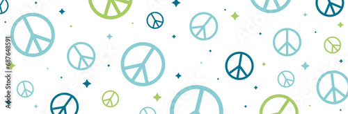 Bannière - Symboles de la paix universelle - communion - Amour - Emblèmes bleues et vertes - Peace and love - Icône universelle en soutien à la paix entre les hommes - Motif Hippie symbolique 