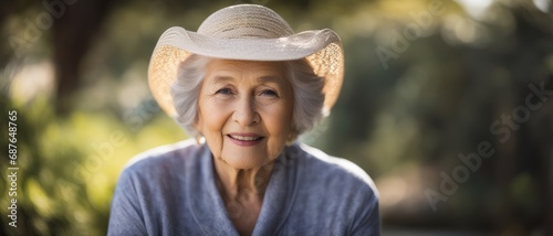 Portrait of a smiling elderly gray-haired woman wearing a hat against a garden background photo