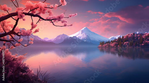 Sakura Blossoms Overlooking Majestic Snow Capped Mountain and Lake