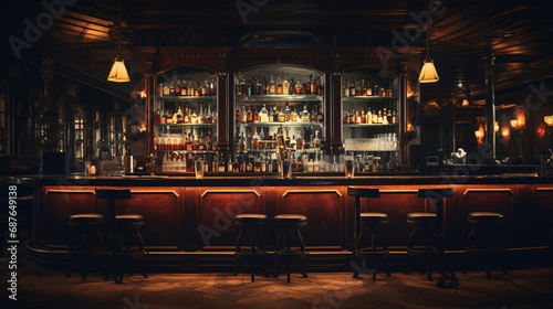 Vintage bar interior. Bar counter with bottles of whiskey. 3d rendering