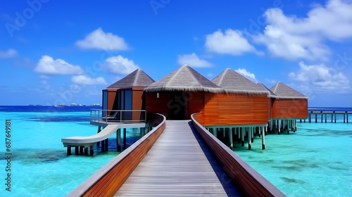 Panorama of Water Villas  Bungalows  and wooden jetty at Tropical beach in a ocean at summer day.