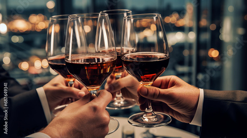 Businessmen drink wine celebrating a successful deal. shot of making toasts and touch with wine glasses .