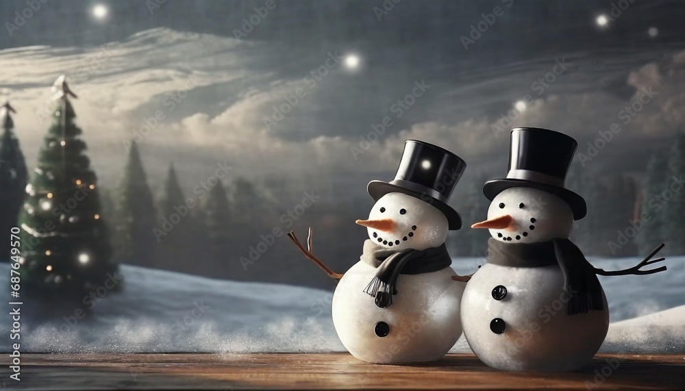 Fototapeta premium Two snowman sitting at snow at mountains, wearing Santa hat, Winter landscape, Christmas snow background