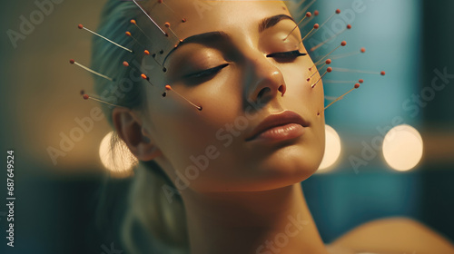 A beautiful woman having facial treatment with acupuncture needles in a beauty clinic