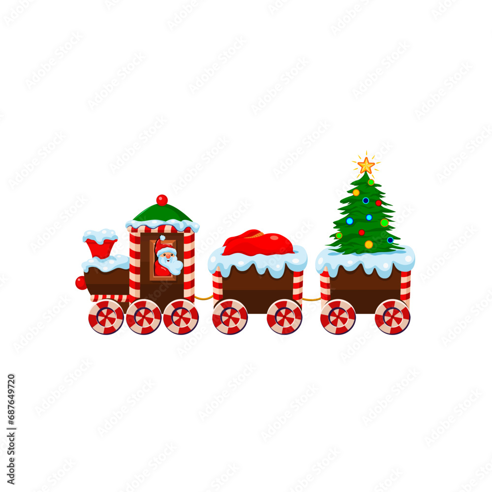 Santa in a Christmas train carries a decorated Christmas tree and a bag of gifts. Cartoon style. Vector illustration. Santa in a Christmas train carries a decorated Christmas tree and a bag of gifts. Cartoon style. Vector illustration.