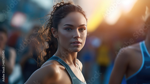 A female running athlete poised at the competition start line