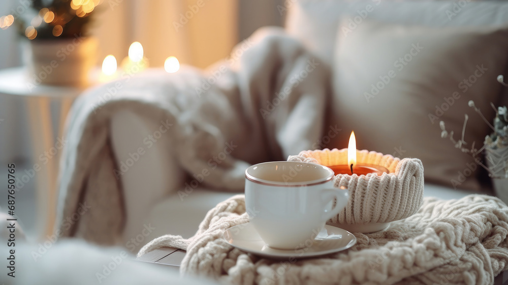 A mug of hot tea on a chair, wrapped in a cozy woolen blanket