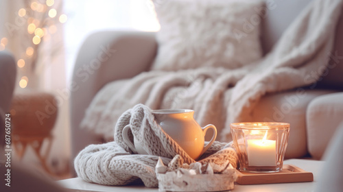 A mug of hot tea on a chair, wrapped in a cozy woolen blanket
