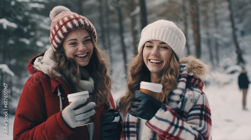 Two young women wrapped in a warm blanket, enjoying hot drinks in a cozy atmosphere