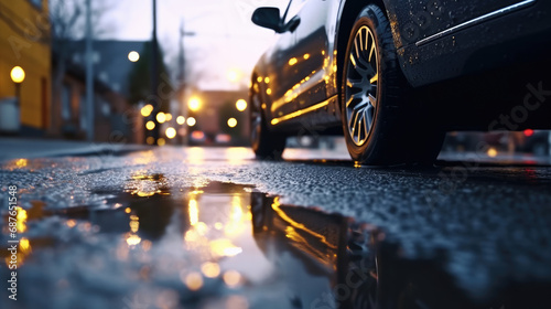 Close-up of a car tire driving through a puddle of water