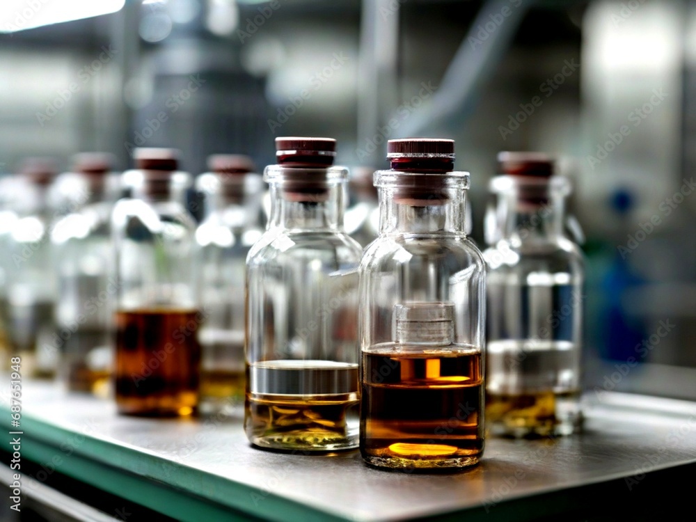 Chemical laboratory with bottles of yellow and blue liquid on conveyor belt